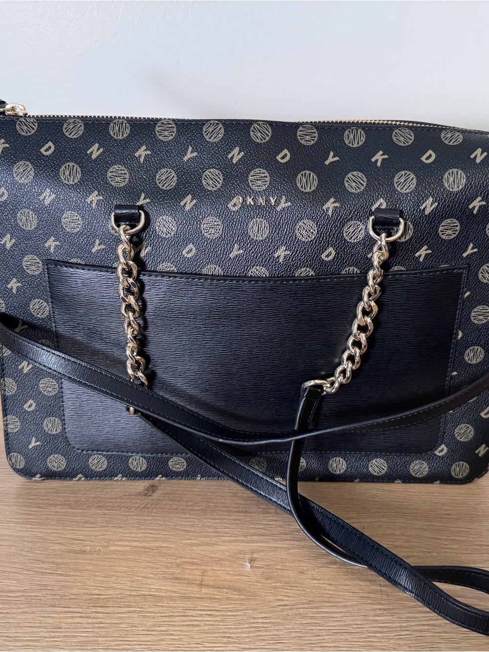 DKNY Black and Tan Logo Chain-Detail Tote